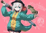  1girl animal_hood ark_survival_evolved ars_almal black_hat blue_eyes blush breasts cowboy_shot dinosaur_hood dinosaur_tail green_hoodie grey_hair hair_between_eyes hat holding holding_rod hood hood_down hooded_jacket hoodie jacket looking_at_viewer nijisanji pink_background pleated_skirt rod short_hair simple_background skirt smile solo stun_gun tail tatami_kami thighs twitter_username virtual_youtuber white_hair 