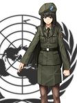  bad_id bad_pixiv_id badge belt beret black_hair black_legwear blue_eyes clenched_hand hat long_hair looking_at_viewer map mikado_(winters) military military_uniform necktie olive_branches original pantyhose solo uniform united_nations very_long_hair 