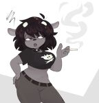 anthro belly belt big_breasts black_bottomwear black_clothing black_hair black_shirt black_topwear bottomwear bovid breasts caprine cigarette clothing collar denim denim_bottomwear denim_clothing emanata eyelashes female frustration_cloud graev grey_body hair hand_on_butt holding_cigarette holding_object horn jeans lips mammal navel pants parappa_the_rapper purple_eyes rammy_lamb sheep shirt simple_background skull_and_crossbones smoke smoking smoking_cigarette solo sony_corporation sony_interactive_entertainment spiked_collar spikes topwear um_jammer_lammy