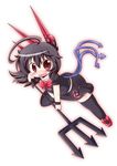  ahoge asymmetrical_wings black_hair black_legwear blue_wings blush bow chibi fang houjuu_nue huge_ahoge muuba open_mouth polearm red_eyes red_footwear red_wings shirt shoes skirt skirt_set smile solo thighhighs touhou trident weapon wings wristband zettai_ryouiki 