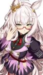  1girl animal_ears biwa_hayahide_(pf._winning_equation...)_(umamusume) biwa_hayahide_(umamusume) breasts closed_mouth commentary crown franz2543 highres horse_ears horse_girl large_breasts long_hair looking_at_viewer red-framed_eyewear solo umamusume white_hair yellow_eyes 