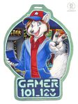  anthro badge canine duo gamer_101_123 kacey male mammal slot_machine v_(sign) v_sign video_games wolf 
