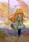  1girl blonde_hair blue_eyes colette_brunel collet_brunel flower grass long_hair pantyhose sky solo tales_of_(series) tales_of_symphonia tights tower traditional_media watercolor watercolor_(medium) 
