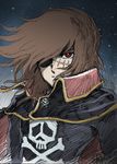  70s 80s brown_eyes brown_hair cape face harlock harlock_saga jolly_roger male_focus oldschool scar shijou_yukimasa skull_and_crossbones sky solo space_pirate star_(sky) starry_sky uchuu_kaizoku_captain_harlock upper_body 