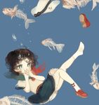  alternate_costume black_hair blue_hair blush corpse fish hat hat_removed headwear_removed murasa_minamitsu pleated_skirt sailor_hat school_uniform serafuku shoe_loss shoes shoes_removed short_hair single_shoe skeleton skirt socks solo touhou yujup 