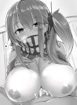  1girl azur_lane bandana_over_mouth blush breasts cum cum_on_body cum_on_breasts cum_on_upper_body earrings eyebrows_visible_through_hair hair_between_eyes hair_ornament heart highres huge_breasts iron_cross jewelry long_hair looking_at_viewer monochrome motion_lines multicolored_hair nipples one_side_up paizuri penis solo_focus spoken_heart streaked_hair tatuyayosi u-47_(azur_lane) 