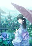  architecture black_hair east_asian_architecture flower hair_flower hair_ornament highres hydrangea japanese_clothes kimono long_hair multiple_girls ntake_toukasaien oriental_umbrella original rain solo_focus stone_lantern umbrella yukata 