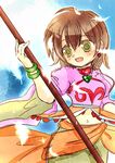  1girl _eyes annie_barrs blush bracelet breasts brown_hair earrings feathers green green_eyes jewelry midriff navel open_mouth pants rod short_hair tales_of_(series) tales_of_rebirth 
