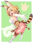  1girl :d animal_ears belt blonde_hair blush commentary_request elbow_gloves extra_ears eyebrows_visible_through_hair gloves green_background hair_between_eyes high-waist_skirt highres japari_symbol kemono_friends looking_at_viewer looking_back no_panties onsoku_maru open_mouth outstretched_arms partial_commentary print_legwear print_neckwear print_skirt serval_(kemono_friends) serval_ears serval_print serval_tail short_hair skirt smile solo tail thighhighs white_footwear white_gloves white_legwear yellow_eyes yellow_legwear yellow_neckwear yellow_skirt 
