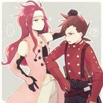  2boys ? bad_id bad_pixiv_id belt brown_eyes brown_hair coroof frown gloves grey_background grey_eyes lloyd_irving male_focus multiple_boys pants red_hair red_shirt shirt suspenders tales_of_(series) tales_of_symphonia zelos_wilder 