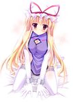  adapted_costume bare_shoulders blonde_hair blush bow breasts chain cleavage cuffs elbow_gloves exe_(xe) gloves handcuffs hat hat_ribbon kneeling large_breasts long_hair naked_tabard purple_eyes ribbon solo tabard thighhighs touhou white_gloves white_legwear yakumo_yukari 