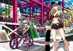  armpits baseball_cap belt bicycle bikini_top breasts cleavage coca-cola denim eyeball food graffiti ground_vehicle hat highres jacket katouken_(ktn-works) legs medium_breasts multiple_girls navel open_clothes open_jacket original popsicle shorts skateboard wristband 