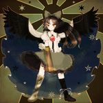  arm_cannon black_hair black_legwear black_wings blush boat bow cape hair_bow long_hair red_eyes reiuji_utsuho shoes skirt socks solo sun third_eye touhou watercraft weapon wings yujup 