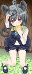  animal_ears bad_id bad_pixiv_id chinchilla_(animal) dress eating fang food grey_hair hamburger jewelry jixing_renou mary_janes mouse_ears mouse_tail navel nazrin pendant red_eyes shoes short_hair sitting skirt socks solo tail touhou white_legwear 