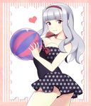  ass ball beachball breast_press breasts casual_one-piece_swimsuit cleavage hairband idolmaster idolmaster_(classic) long_hair medium_breasts one-piece_swimsuit purple_eyes purple_hairband shijou_takane silver_hair smile solo suyoko swimsuit twisted_torso 