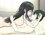  1girl after_sex afterglow bed black_hair blush breasts chitanda_eru couple eye_contact green_eyes hetero highres hyouka large_breasts long_hair looking_at_another mita_teruyoshi nude open_mouth oreki_houtarou pillow purple_eyes smile sweat tears 