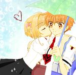  1girl brown_eyes brown_hair cardcaptor_sakura choko_(cosi_cosi) closed_eyes couple hetero holding holding_umbrella kinomoto_sakura kiss li_xiaolang older school_uniform shared_umbrella short_hair teenage tomoeda_elementary_school_uniform umbrella 