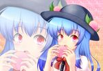  blouse blue_hair blush bow buttons eating food fruit gradient gradient_background hat hinanawi_tenshi leaf long_hair looking_at_viewer open_mouth peach red_eyes short_sleeves sidelocks solo teeth torievna touhou upper_body zoom_layer 