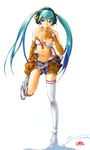  adjusting_clothes adjusting_gloves adjusting_legwear aqua_hair blue_eyes boots colmack elbow_gloves gloves hatsune_miku long_hair midriff mouth_hold navel simple_background solo standing standing_on_one_leg strap_slip thigh_boots thighhighs twintails undressing very_long_hair vocaloid white_background white_footwear white_legwear 