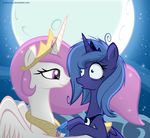  blue_hair crown equine female feral friendship_is_magic hair hi_res horn incest junglepony kissing lesbian mammal moon my_little_pony night pink_hair princess princess_celestia_(mlp) princess_luna_(mlp) royalty saliva shocked winged_unicorn wings 