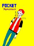  ahiru_(tegaki) backpack bag baseball_cap brown_hair gen_1_pokemon hat holding male_focus open_mouth pikachu pokemon pokemon_(creature) pokemon_(game) pokemon_frlg red_(pokemon) red_(pokemon_frlg) tegaki yellow_background 