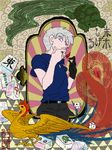  akagi akagi_shigeru akaiti bird black_gloves board_game fine_art_parody gloves grey_hair lighting_cigarette mahjong mahjong_tile male_focus nihonga parody phoenix red_eyes smoking solo turtle 