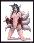  :p absurdres ahri animal_ears bad_id bad_pixiv_id black_eyes black_hair breasts excessive_pubic_hair facial_mark fox_ears fox_tail highres korean_clothes large_breasts league_of_legends long_hair looking_at_viewer mismatched_pubic_hair navel pubic_hair rebe11 solo tail tongue tongue_out topless torn_clothes whisker_markings 