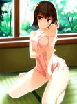  :p animal_ears bare_legs breasts brown_eyes brown_hair bunny_ears bunny_tail covering covering_crotch highres hinohoshi_ataru inaba_tewi medium_breasts nipples see-through short_hair solo strap_slip tail tatami thighs tongue tongue_out touhou 