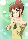  adjusting_eyewear akizuki_ritsuko brown_eyes brown_hair folded_ponytail glasses idolmaster idolmaster_(classic) off_shoulder sat smile solo 