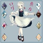  apron blue_eyes blush braid izayoi_sakuya knife maid maid_headdress one_eye_closed ribbon short_hair silver_hair skirt smile solo text_focus touhou twin_braids yujup 