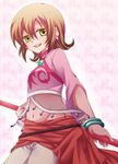  1girl annie_barrs belt bracelet breasts brown_hair earrings highres jewelry midriff navel open_mouth pants rod tales_of_(series) tales_of_rebirth yellow_eyes 