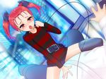  1girl accel_world arita_haruyuki belt black_legwear blush def_(chronowarld) hetero kouzuki_yuniko open_mouth petite red_eyes red_hair shirt short_shorts short_twintails shorts solo_focus striped striped_shirt thighhighs twintails 