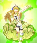  :d ahoge armpits bad_id bad_pixiv_id blonde_hair blush breasts clenched_hand corset fingerless_gloves flower frills gloves green_eyes hair_flower hair_ornament headdress hoshii_miki idolmaster idolmaster_(classic) leg_up long_hair medium_breasts microphone navel open_mouth raised_fist rose sayu_(mio-mosa) single_thighhigh skirt smile solo striped striped_legwear thighhighs too_many too_many_frills 