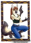  female gloves hair jeans kacey long_hair mammal marsupial plain_background ranged_weapon solo thylacine weapon 