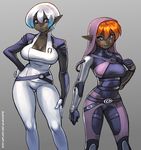  blackmyst bodysuit breasts cosplay crazy_(drowtales) dark_elf dark_skin drowtales drowtales:_space_age elf large_breasts lilith_(drowtales) mass_effect miranda_lawson miranda_lawson_(cosplay) multiple_girls orange_hair pointy_ears purple_eyes short_hair tali'zorah tali'zorah_(cosplay) white_hair 