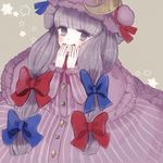  blush bow crescent dress hair_bow hat long_hair nail_polish patchouli_knowledge purple_eyes purple_hair ribbon smile solo star touhou yujup 