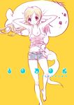  :3 alternate_hairstyle armpits arms_behind_head bad_id bad_pixiv_id barefoot blonde_hair breasts camisole cleavage denim denim_shorts gomadoka hair_down hands_on_own_head highres kyubey long_hair looking_at_viewer lying madoka_runes mahou_shoujo_madoka_magica medium_breasts midriff navel no_bra on_back seal short_shorts shorts tomoe_mami translated yellow yellow_background yoshinogai 