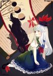  blue_hair dress dual_persona ex-keine green_hair hat horn horn_ribbon horns kamishirasawa_keine lips long_hair moon moon_phases red_eyes ribbon scroll sitting tail tokin_hat touhou yellow_eyes yujup 