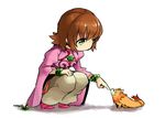  1girl annie_barrs bracelet breasts brown_hair creature green_eyes jewelry long_sleeves pants shoes short_hair tales_of_(series) tales_of_rebirth zapie 