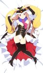  black_legwear boots breasts brown_hair cleavage corset dakimakura detached_sleeves hat highres long_hair lying mawaru_penguindrum medium_breasts penguin_hat pink_eyes princess_of_the_crystal solo suyoko takakura_himari thigh_boots thighhighs 