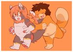  cat chubby cute eyes_closed feline fur gazpacho gazpacho_(artist) grey_fur hair male mammal nude orange_background orange_eyes orange_hair plain_background rhyzern smile tail_hug yellow_fur 