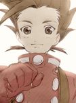  1boy brown_eyes brown_hair jewelry lloyd_irving male male_focus necklace short_hair simple_background smile solo suspenders tales_of_(series) tales_of_symphonia 