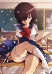  brown_eyes classroom collarbone crossed_legs desk drooling hair_over_one_eye kamiya_zuzu nazo_no_kanojo_x panties panty_pull saliva school_desk school_uniform scissors serafuku shoe_dangle shoes short_hair sitting skirt socks solo thighs underwear urabe_mikoto uwabaki white_panties wind 