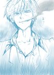  akagi akagi_shigeru bad_id bad_pixiv_id blue from_below glaring male_focus monochrome open_collar sketch smoking solo upper_body zerog 