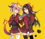  anger_vein black_hair fire glasses hand_on_hip headphones horns long_hair microphone multiple_girls pixiv_fantasia pixiv_fantasia_5 red_eyes school_uniform short_hair simple_background tail thighhighs tsukii wince yellow_background 