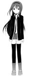  akemi_homura alternate_costume boots greyscale hairband highres jacket jing_hu long_hair mahou_shoujo_madoka_magica monochrome necktie open_clothes open_jacket shorts thighhighs 