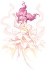  arm_up back_bow big_hair bishoujo_senshi_sailor_moon bow bracelet chibi_usa closed_eyes crescent double_bun dress facial_mark forehead_mark gown highres jewelry pink_hair pose princess shabomu short_hair small_lady_serenity solo twintails white white_background white_dress 