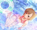  barefoot bikini brown_eyes brown_hair futami_mami grin idolmaster idolmaster_(classic) midriff navel scrunchie side_ponytail sitting smile solo susisasimi swimsuit 