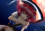  ahoge belt breasts cleavage cloud dutch_angle fangs full_moon hair_bobbles hair_ornament large_breasts light_trail looking_at_viewer moon onozuka_komachi open_mouth red_eyes red_hair red_moon scythe short_sleeves skirt sky slit_pupils solo star_(sky) starry_sky teeth torievna touhou two_side_up upper_body 