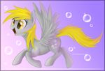  2012 amber_eyes blonde_hair bubbles cutie_mark derpy_hooves_(mlp) equine female friendship_is_magic gradient_background grey_fur hair horse mn27 my_little_pony open_mouth pegasus pink_background plain_background pony purple_background solo wings 